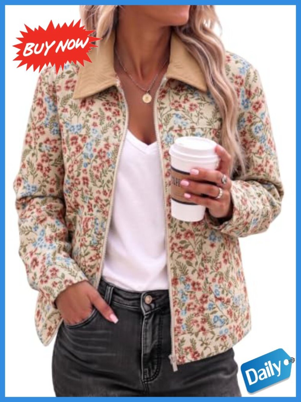 Floral Print Jacquard Zip Up Casual Jacket Women Loose Fit Fall